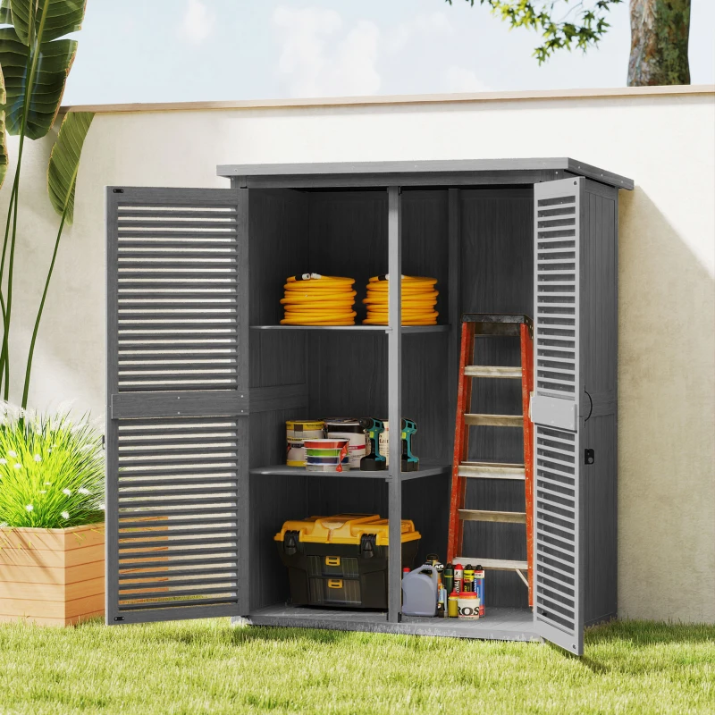 Outsunny Armario de Jardín 0,83 m² 127x65x168 cm con 2 Puertas de Persiana 2 Estantes 2 Asas y Techo Impermeable Gris