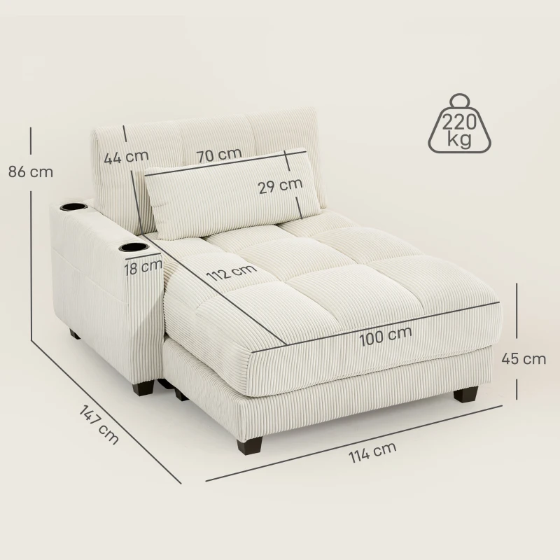 HOMCOM Sofa-Bett mit Kissen, Schaumstoff, zum Bett umwandelbar, Becherhalter,  Cremeweiß