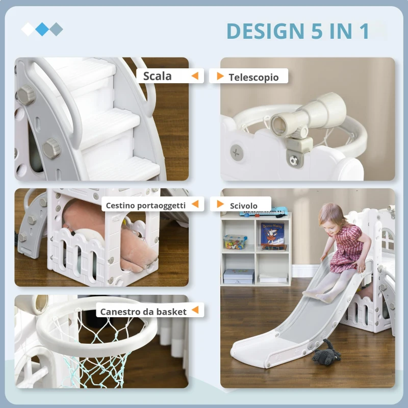 AIYAPLAY Scivolo per Bambini 5 in 1 con Canestro da Basket Telescopio Scaletta e Cesto Inferiore per Interni Bianco e Grigio