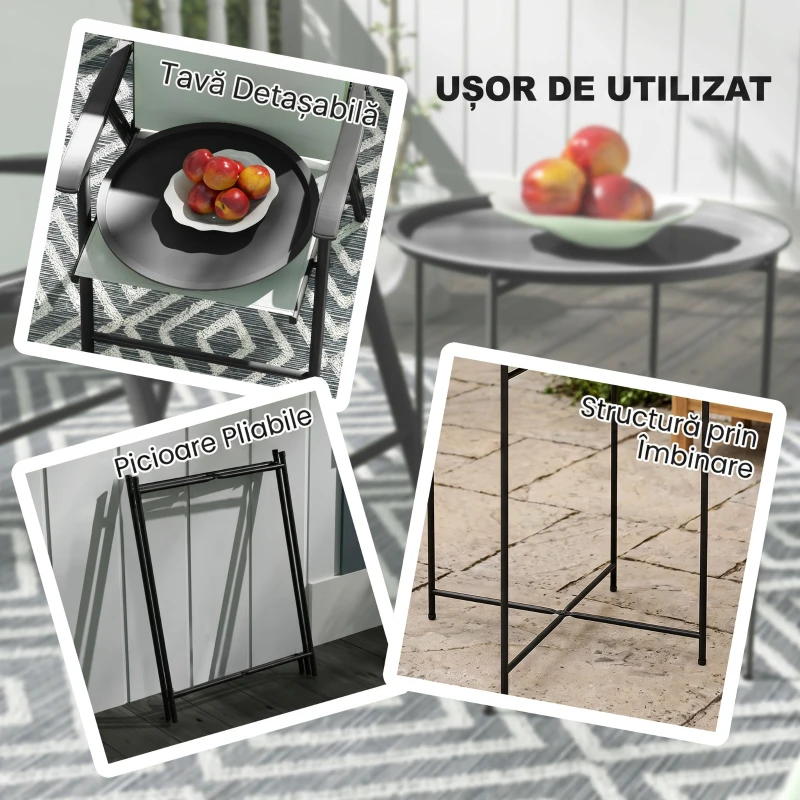 Outsunny Măsuță de grădină cu tavă detașabilă și picioare pliabile din oțel, Ø46x50 cm, negru