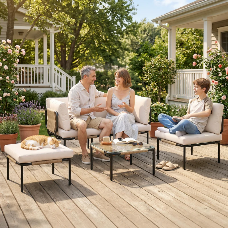 Outsunny Polyrattan Gartenmöbel Set 5-teilig Lounge Set mit 3 Sessel Glastisch Hocker Breit & Tief Sitz abnehmbar Kissen