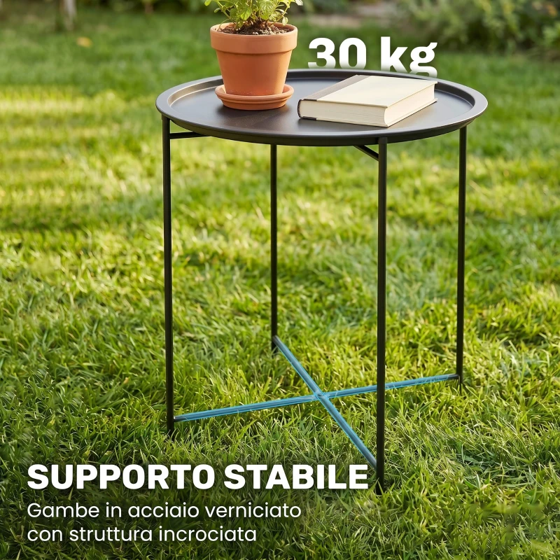 Outsunny Tavolino da Giardino con Vassoio Rimovibile e Gambe Pieghevoli in Acciaio, Ø46x50 cm, Nero