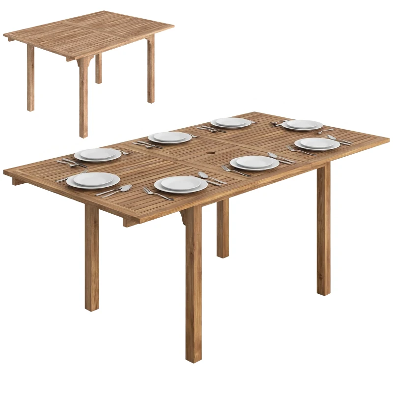 Outsunny Extending Garden Table, Outdoor Dining Table for 6-8 with Acacia Wood Slatted Tabletop for Balcony Porch