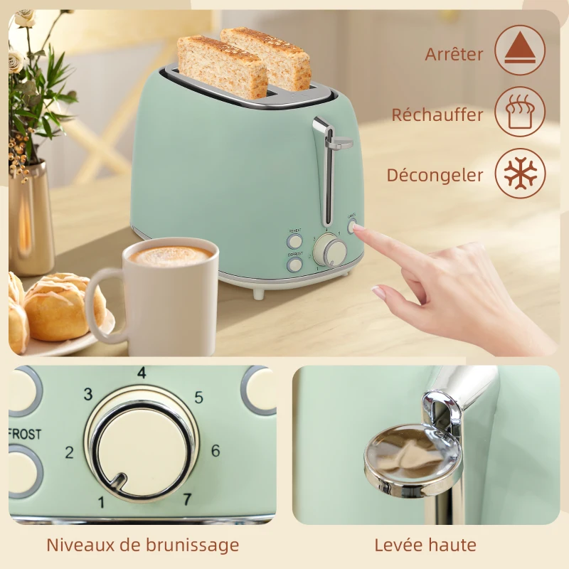 HOMCOM Ensemble bouilloire et grille-pain, bouilloire en acier inoxydable 1,7 L et 2200 W et grille-pain à 2 tranches, vert