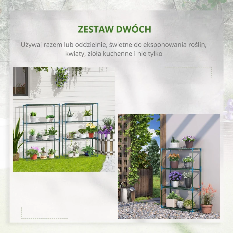 Outsunny Stojak na rośliny, zestaw 2 szt, po 4 półki, możliwość łączenia lub osobnego używania, stal, zielony, 70 x 27 x 110 cm