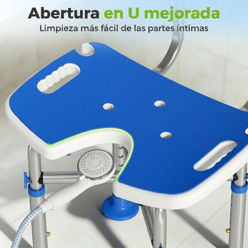 HOMCOM Silla Ducha Personas Mayores Antideslizante con Respaldo Altura Ajustable Soporte para Alcachofa Carga 150 kg Azul