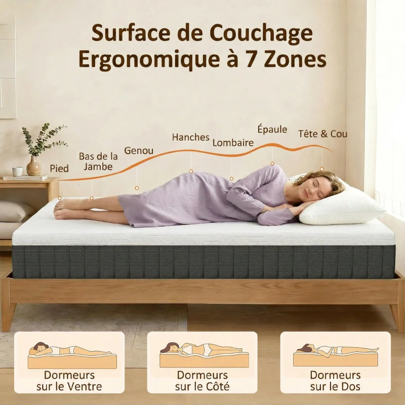 HOMCOM Matelas 140 x 190 cm, 25 cm d'épaisseur, mousse à mémoire de forme, ressorts ensachés 7 zones, fermeté moyenne