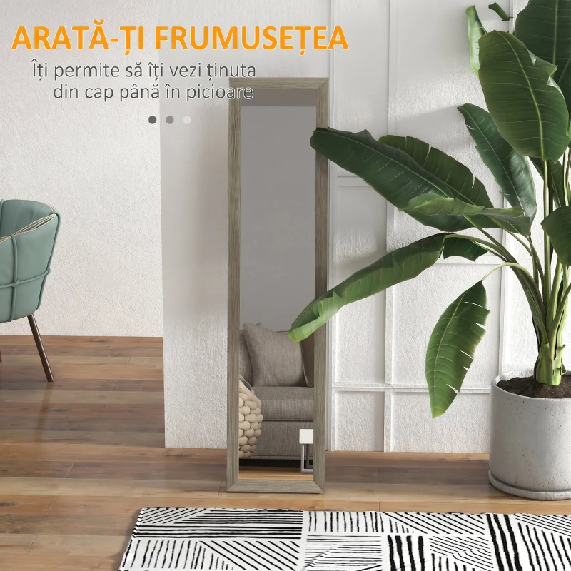 HOMCOM Oglindă modernă de podea, în mărime completă, cu ramă și suport, din lemn și sticlă, 37x40x155 cm, gri