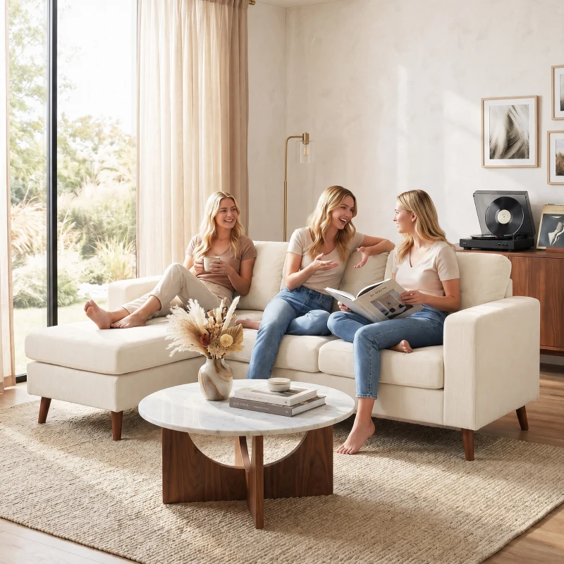 HOMCOM Canapea colțar 192 cm în formă de L, canapea 3 locuri cu chaise-longue reversibilă, aspect cord, pentru spații mici, alb crem