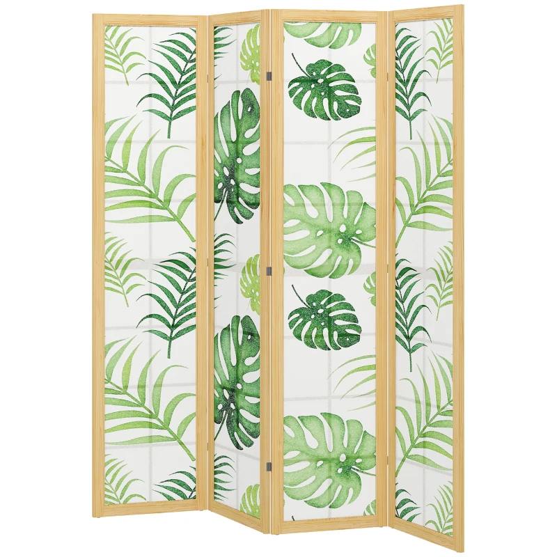 HOMCOM 4-teiliger Raumtrenner, faltbar, Boho-Design, tropisches Motiv, freistehender Raumteiler, Holzrahmen, Grün