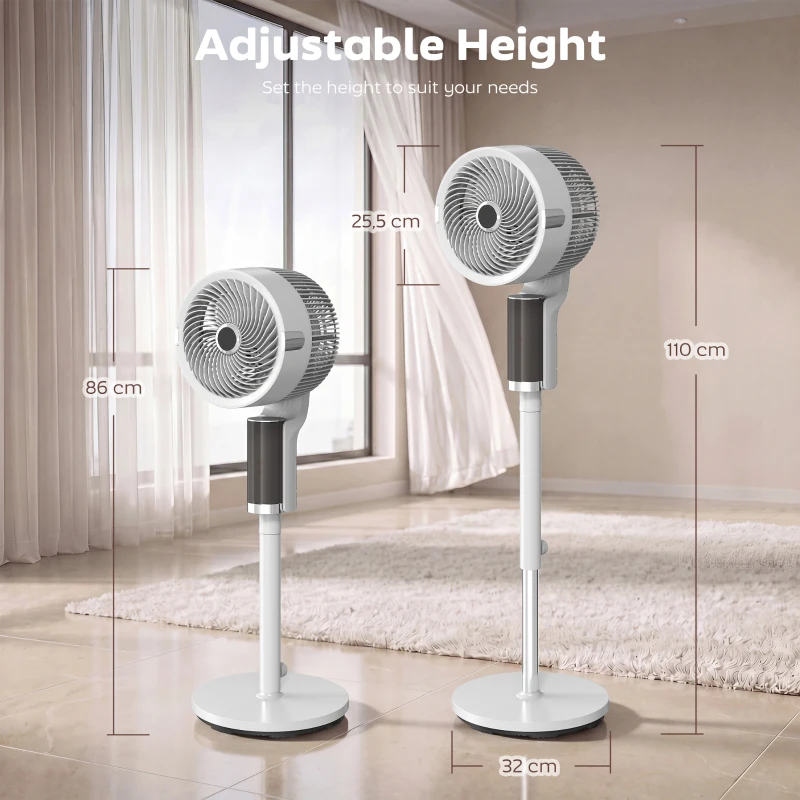 HOMCOM Ventilador de pé silencioso 20 dB para quarto, ventilador com oscilação a 90°, 8 velocidades e luz LED, branco