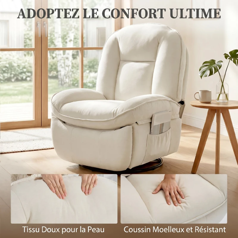HOMCOM Fauteuil inclinable en chenille, fauteuil de relaxation pivotant à 360°, assise large, poches latérales, crème