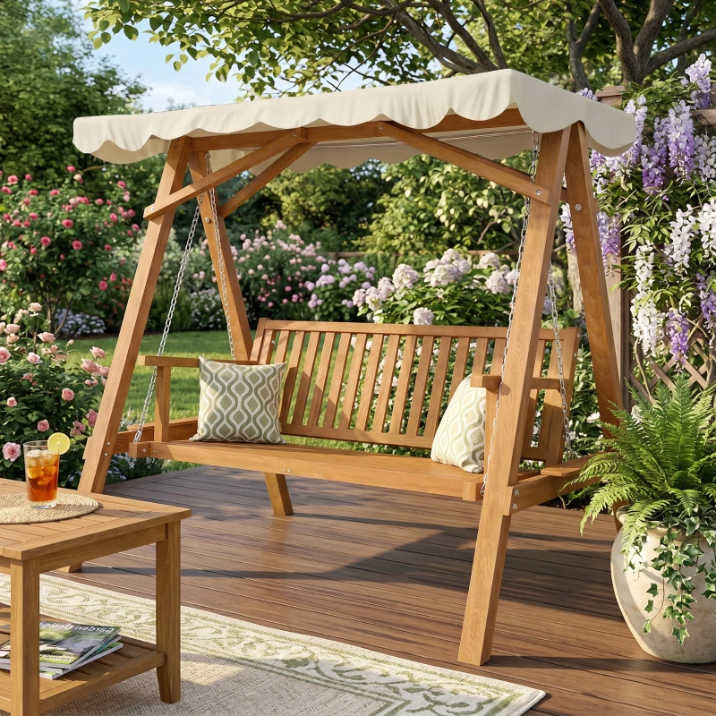 Outsunny Dondolo da Giardino Stile Classico Legno Massello di Pino Conforme alle Norme di FS Tettuccio Parasole in Tessuto di Poliestere con Rivestimento di PA 162x130x185cm 240kg