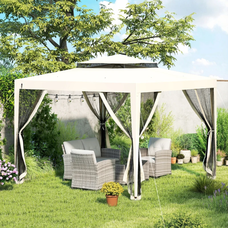 Outsunny Pérgola de Jardim com 4 Mosquiteiras Teto Duplo 8 Orifícios de Drenagem e Estrutura de Metal 297x297x268 cm Creme