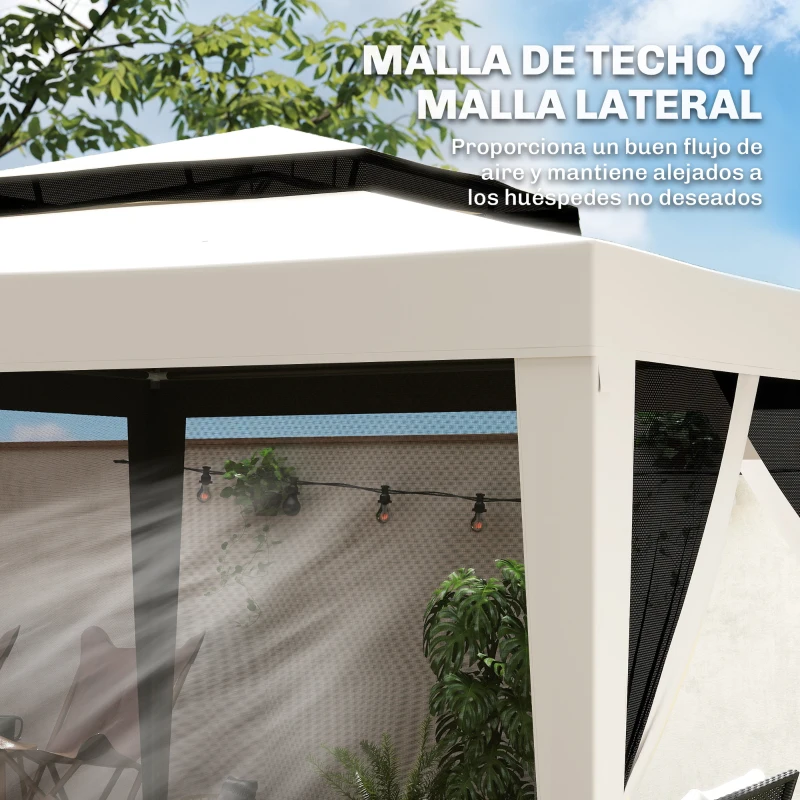 Outsunny Carpa de Jardín 3x3 m Cenador Gazebo con 4 Mosquiteras Laterales Techo Doble 8 Orificios de Drenaje Marco de Metal Crema