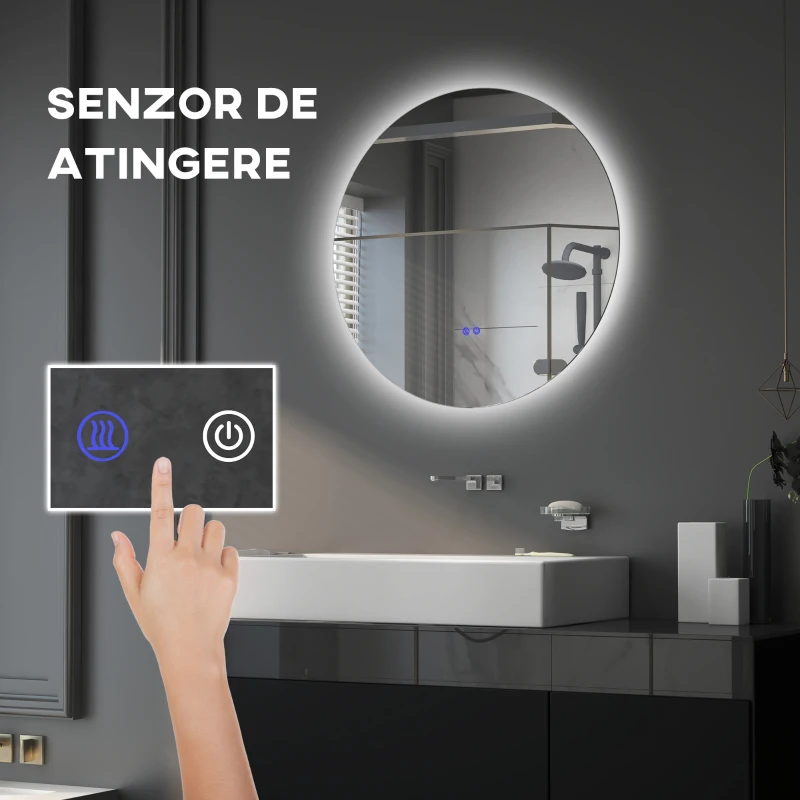 kleankin Oglindă de Baie cu Lumină LED Rotundă 80cm, 3 Culori, 3000-6500K, Oglindă de Perete Iluminată cu Interruptoare Touch, Luminozitate Reglabilă, Funcție Memorie și Anti-Ceață, IP44