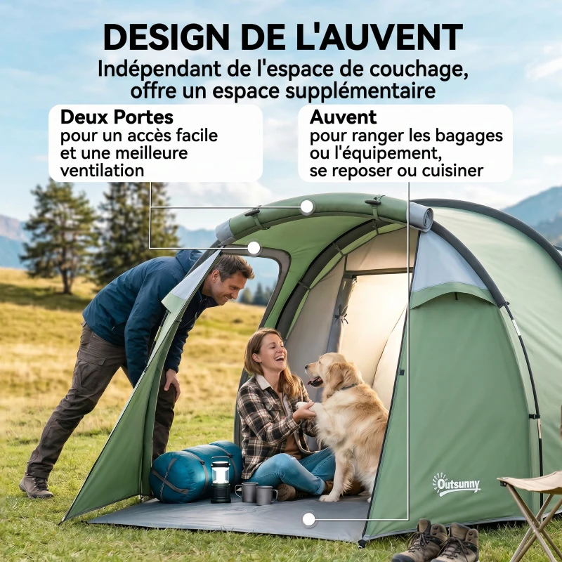 Outsunny Tenda da Campeggio 2-4 Posti con Telo Impermeabile e Porte con Cerniera, 426x206x15 cm, Verde Scuro