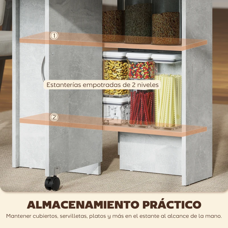 HOMCOM Mesa de Cocina Plegable con Ruedas 2 Estantes de Almacenaje y 2 Alas Abatibles Estilo Moderno 75x140x74 cm Gris Cemento