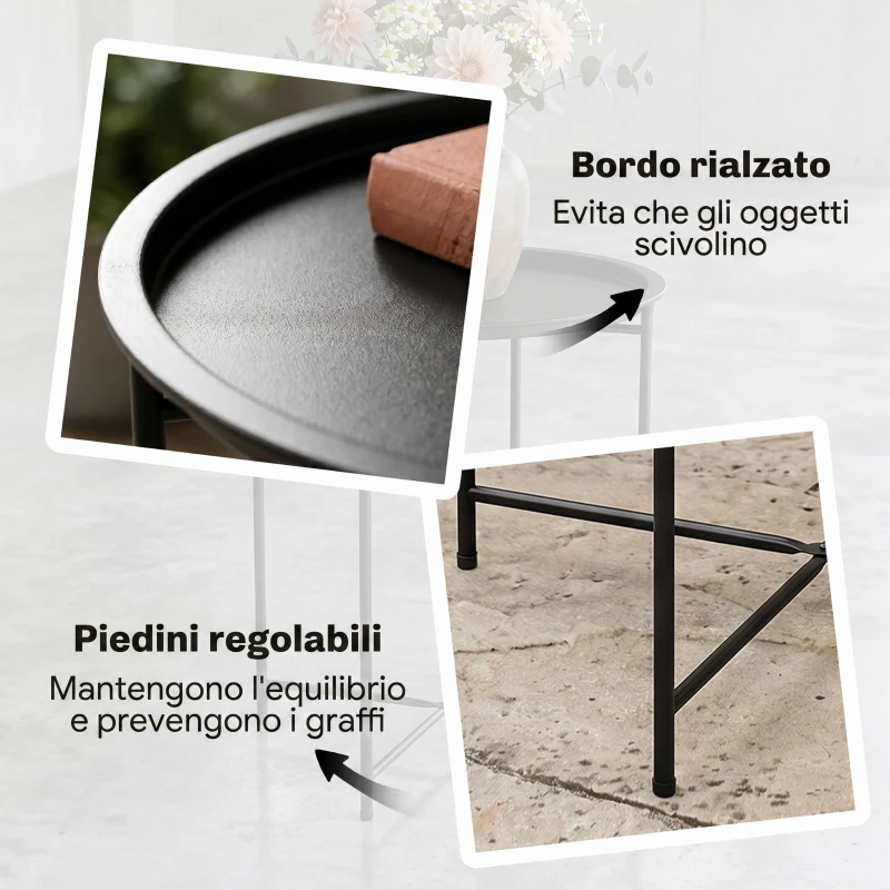 Outsunny Tavolino da Giardino con Vassoio Rimovibile e Gambe Pieghevoli in Acciaio, Ø46x50 cm, Nero