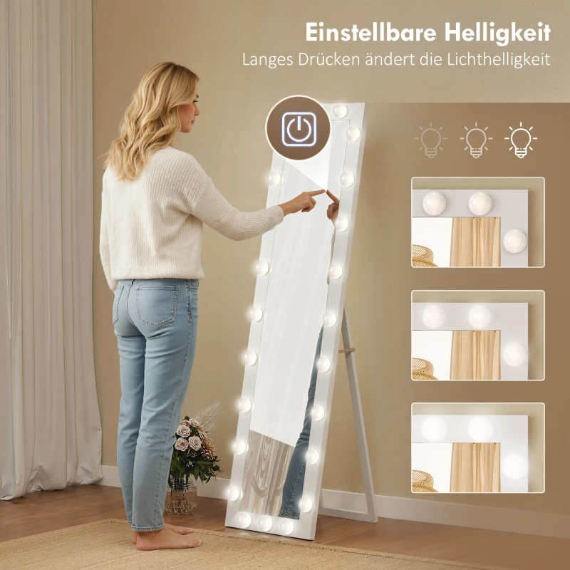 HOMCOM Ganzkörperspiegel 150x40 cm LED Spiegel mit 24 Glühbirnen 3 Lichtfarbe, freistehend oder anlehnbar Weiß