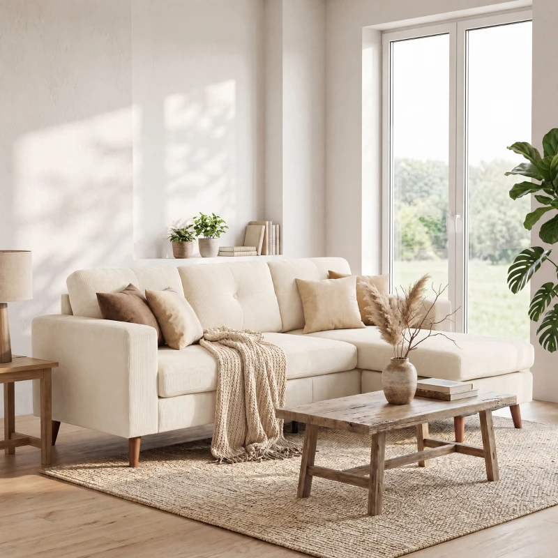 HOMCOM Canapea colțar 192 cm în formă de L, canapea 3 locuri cu chaise-longue reversibilă, aspect cord, pentru spații mici, alb crem