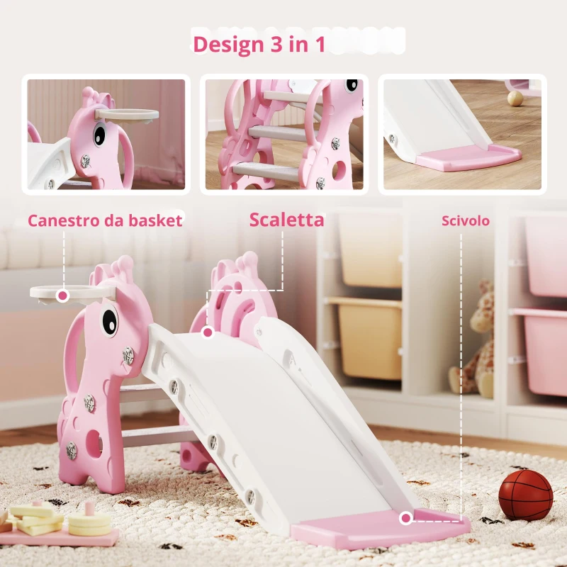 AIYAPLAY Scivolo bambini 3-in-1 a forma di giraffa con canestro e pallone, 106×51,5×52 cm, Rosa