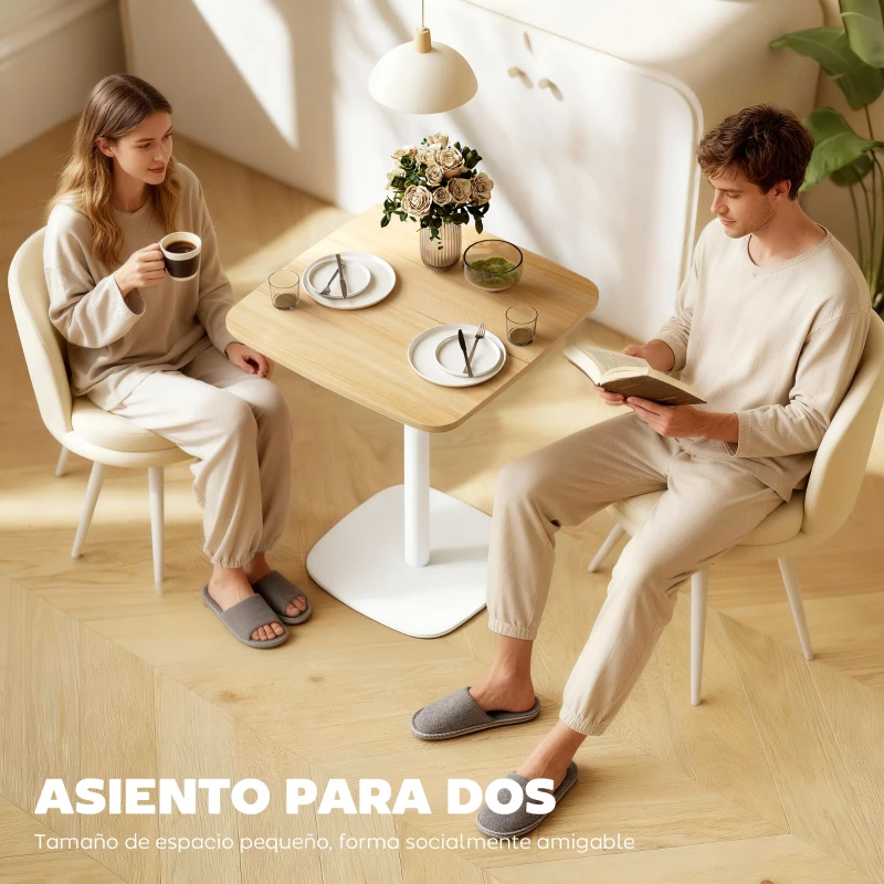 HOMCOM Mesa de Comedor Pequeña Mesa de Cocina Cuadrada para 2 Personas Base Cuadrada de Acero 60x60x75 cm Natural y Blanco