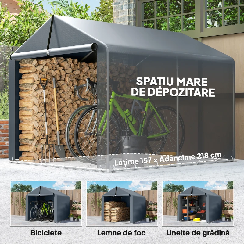 Outsunny Garaj cort cu material întărit impermeabil și intrare cu fermoar, din oțel galvanizat, 162x221,5x163 cm, gri