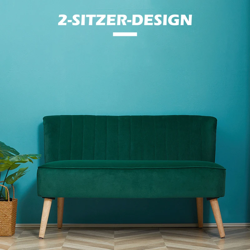 HOMCOM Sofa Retrodesign 2-Sitzer-Sofa, Holzbeine, 117 cm x 56,5 cm x 77 cm, Dunkelgrün