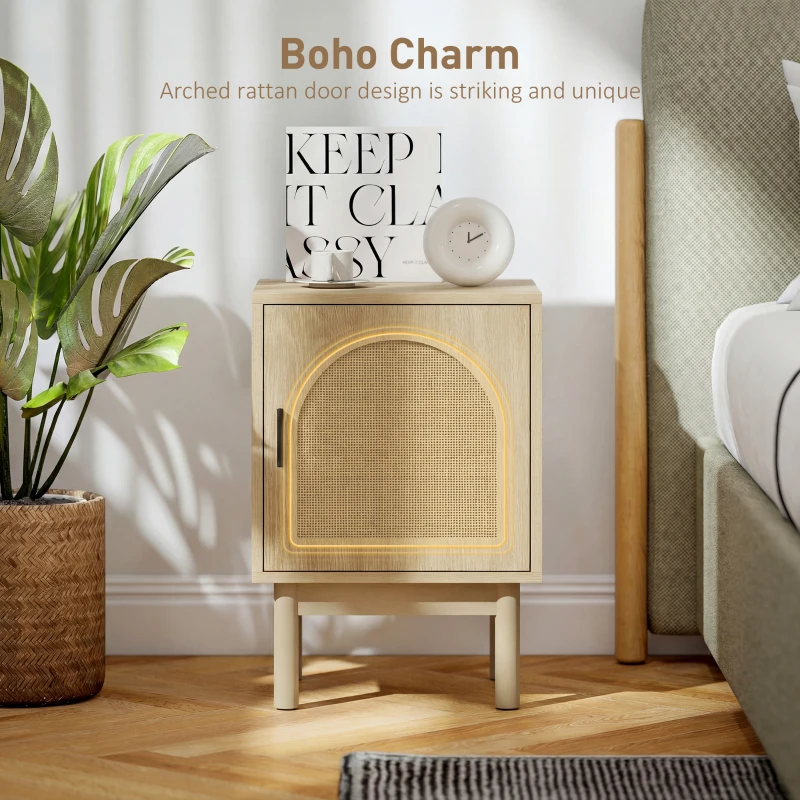 HOMCOM Rattan Bedside Table for Bedroom - Natural Wood