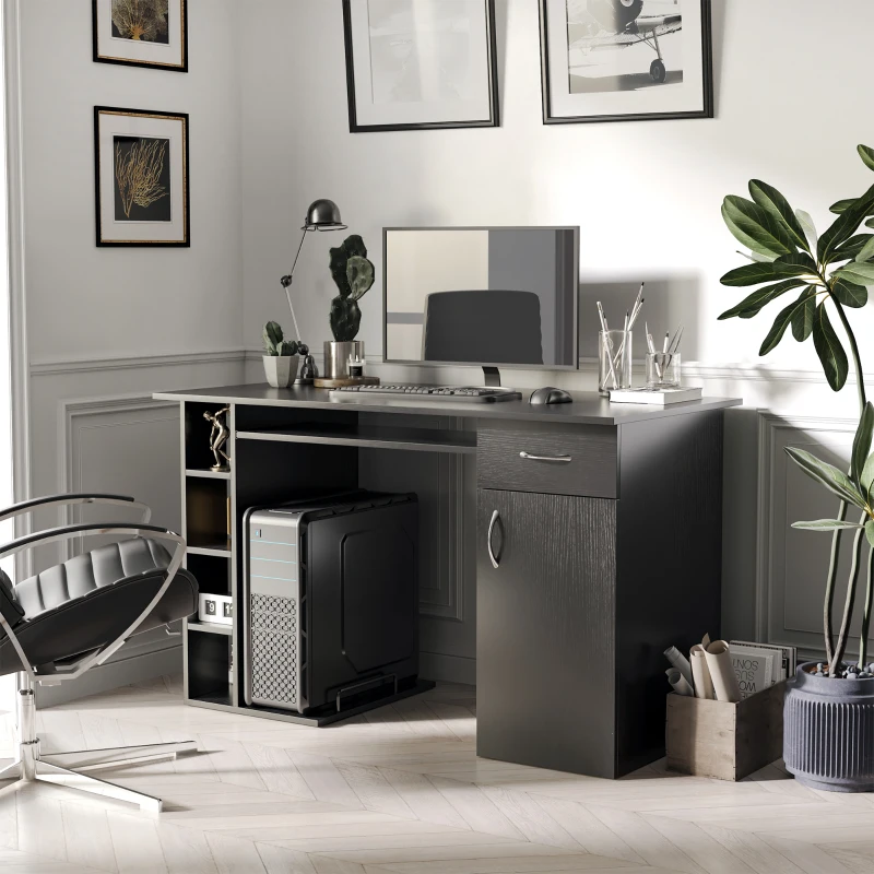 HOMCOM Secretária para Escritório com Prateleiras Abertas Gabinete Suporte para Cpu e Bandeja Removível 120x60x74 cm Preto
