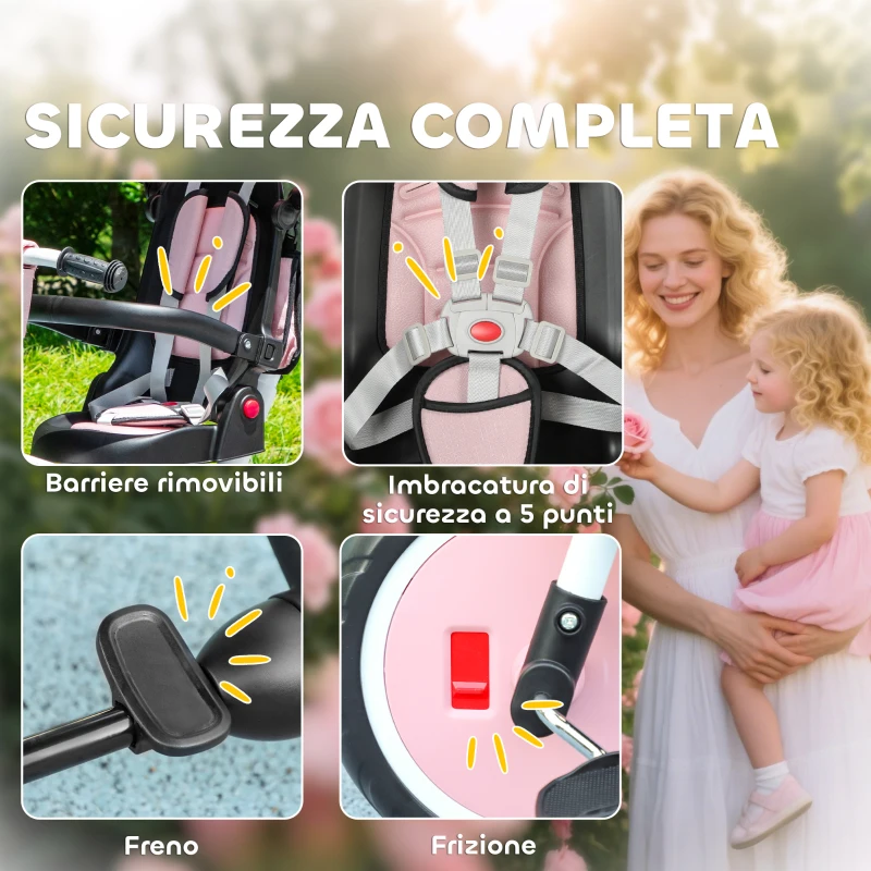 AIYAPLAY Triciclo per Bambini, 6 in 1 Passeggino per Bambini, con Maniglia da Spingere, Sedile Regolabile, Design Pieghevole, Rete di Sicurezza