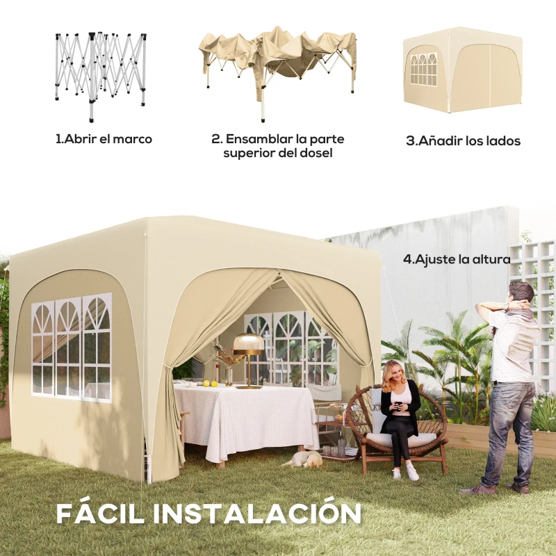 Outsunny Cenador Plegable 3x3 m Gazabo con Paneles Laterales UPF50+ Altura Ajustable y Bolsa de Transporte Arena