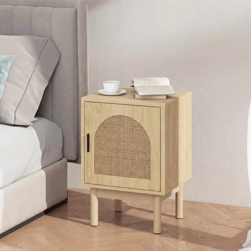 HOMCOM Rattan Bedside Table for Bedroom - Natural Wood