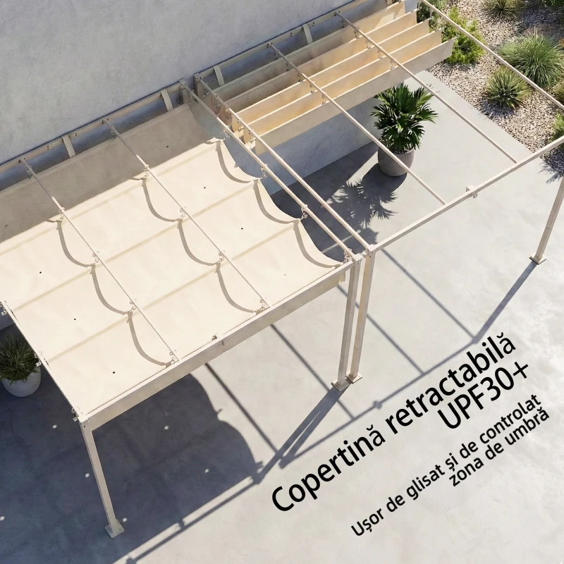 Outsunny Pergolă Gazebo 3x3 m cu Acoperiș Retractabil, Orificii de Drenaj, Pergolă de Grădină din Poliester și Oțel, pentru Patio, Terasă, Exterior, UV30+, Bej