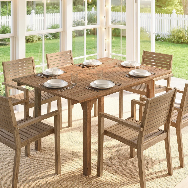 Outsunny Extending Garden Table, Outdoor Dining Table for 6-8 with Acacia Wood Slatted Tabletop for Balcony Porch