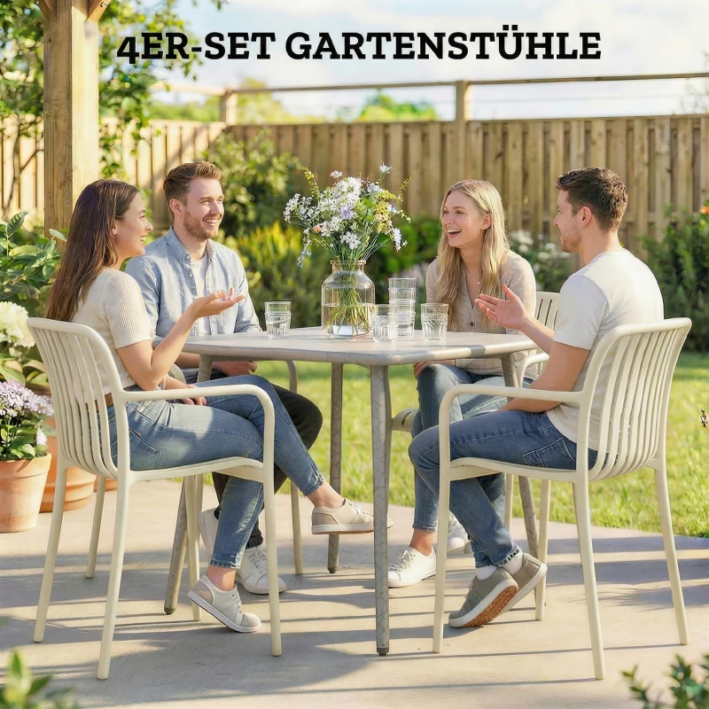 Outsunny Gartenstühle 4er Set Stapelbare Terrassenstühle mit Lamelldesign Armlehnen, Ergonomisch Cremeweiß