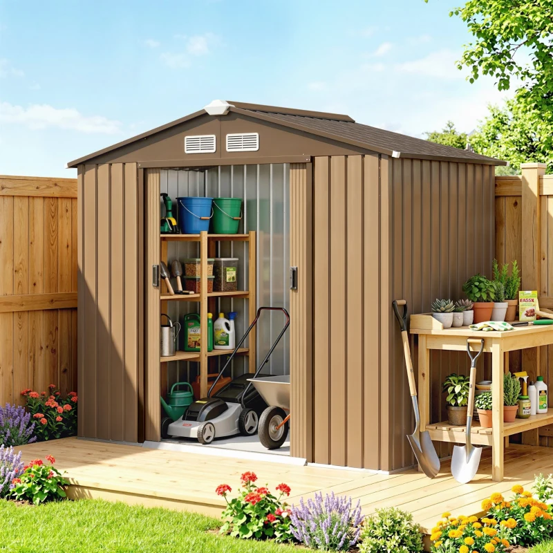 Outsunny Abri de jardin 2,5 m² - remise pour outils avec kit de fondation - cabanon porte verrouillable - tôle d'acier kaki