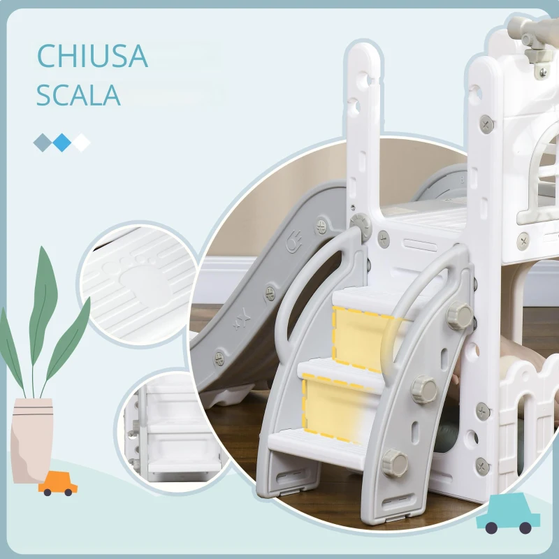 AIYAPLAY Scivolo per Bambini 5 in 1 con Canestro da Basket Telescopio Scaletta e Cesto Inferiore per Interni Bianco e Grigio
