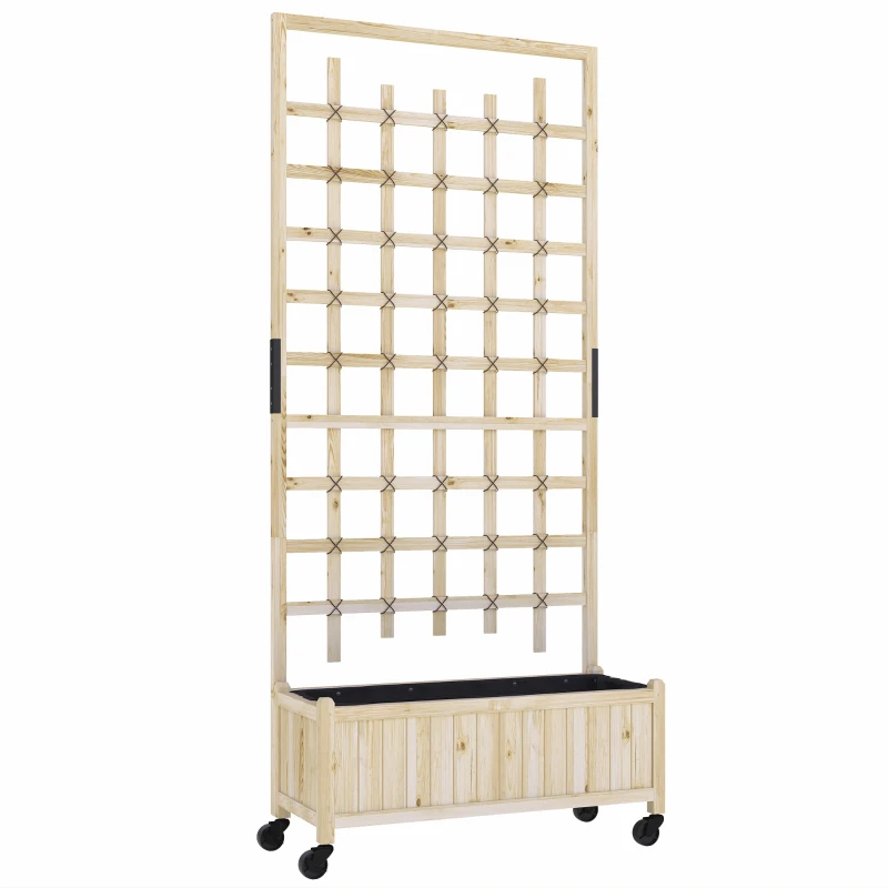Outsunny Jardinière avec treillis, bac à fleurs avec roues, pour plantes grimpantes, bois massif, 82,5x35x186cm, bois naturel