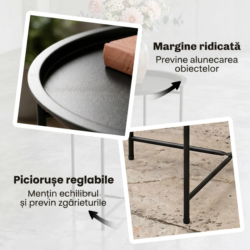 Outsunny Măsuță de grădină cu tavă detașabilă și picioare pliabile din oțel, Ø46x50 cm, negru