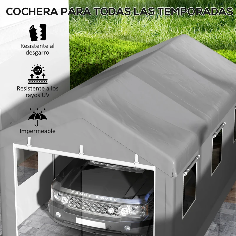 Outsunny Garaje Exterior para Coche 6x3 m Impermeable con Tejido PE Resistente Marco de Acero Paredes Desmontables Gris Claro