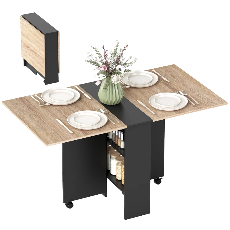 HOMCOM Mesa de Cocina Plegable con Ruedas 2 Estantes de Almacenaje y 2 Alas Abatibles Estilo Moderno 75x140x74 cm Natural