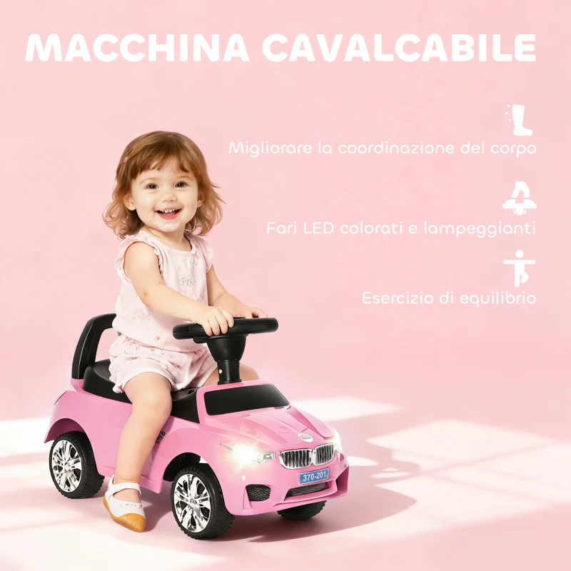 HOMCOM Macchinina per Bambini Cavalcabile con Volante, Fari e Musiche Integrate, Macchina per Bambini in PP e Metallo, 63.5x28x36 cm, Rosa