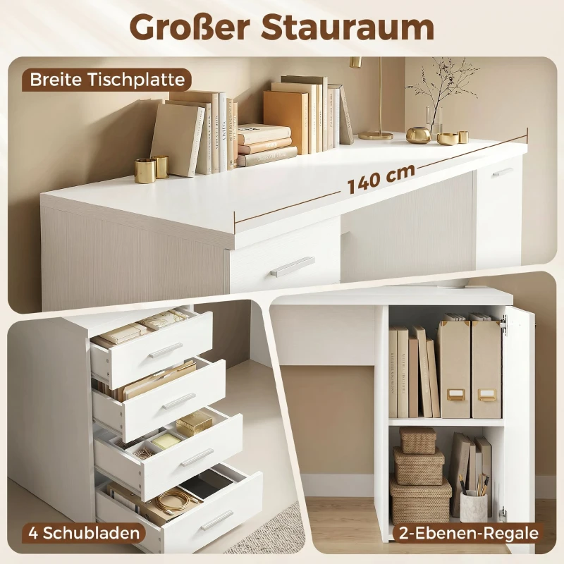 HOMCOM Computertisch mit 4 Schubladen und Schrank, 140 cm Schreibtisch für Arbeitszimmer, Weiß Holzoptik