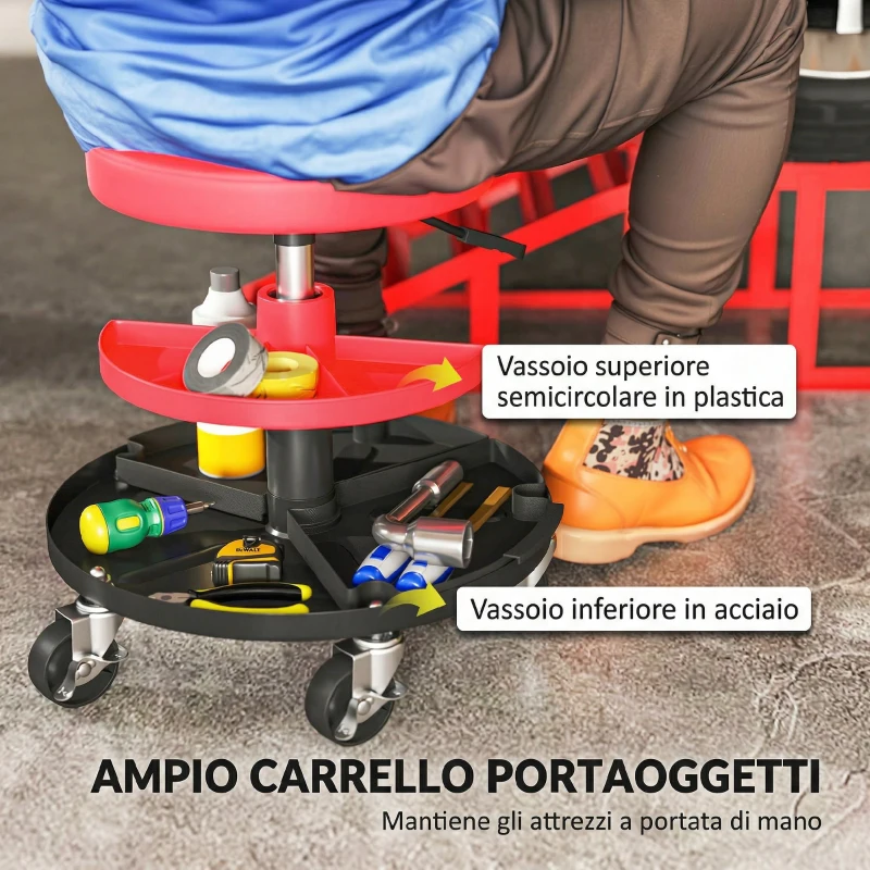 HOMCOM Scaun de atelier cu roți de 6 cm, Capacitate până la 135 kg, Înălțime reglabilă 40-51 cm, cu tăvi pentru scule, Roșu
