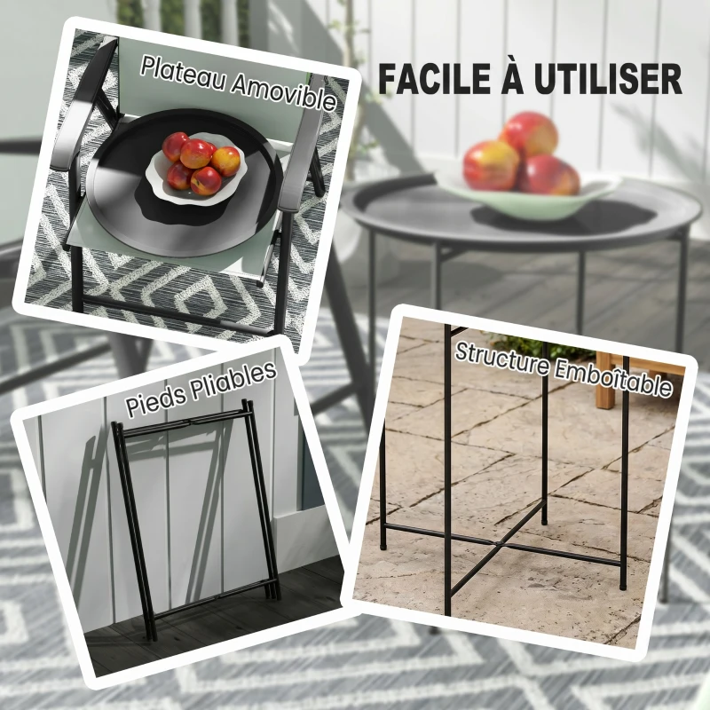 Outsunny Tavolino da Giardino con Vassoio Rimovibile e Gambe Pieghevoli in Acciaio, Ø46x50 cm, Nero