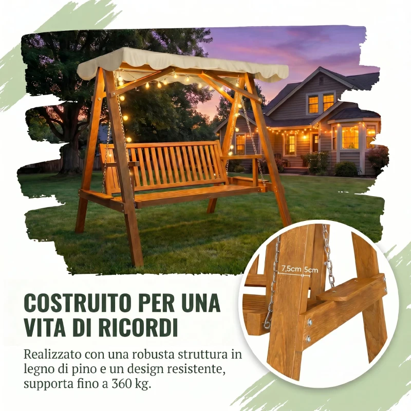 Outsunny Dondolo da Giardino Stile Classico Legno Massello di Pino Conforme alle Norme di FS Tettuccio Parasole in Tessuto di Poliestere con Rivestimento di PA 162x130x185cm 240kg
