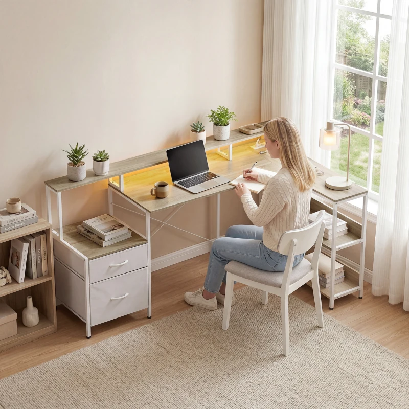 HOMCOM Eckschreibtisch mit Steckdosen und RGB-LED-Licht, Computerschreibtisch, 172 x 100 cm, Monitorhalter, 2 Schubladen, Weiß