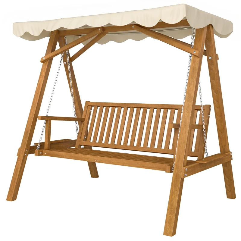 Outsunny Dondolo da Giardino Stile Classico Legno Massello di Pino Conforme alle Norme di FS Tettuccio Parasole in Tessuto di Poliestere con Rivestimento di PA 162x130x185cm 240kg